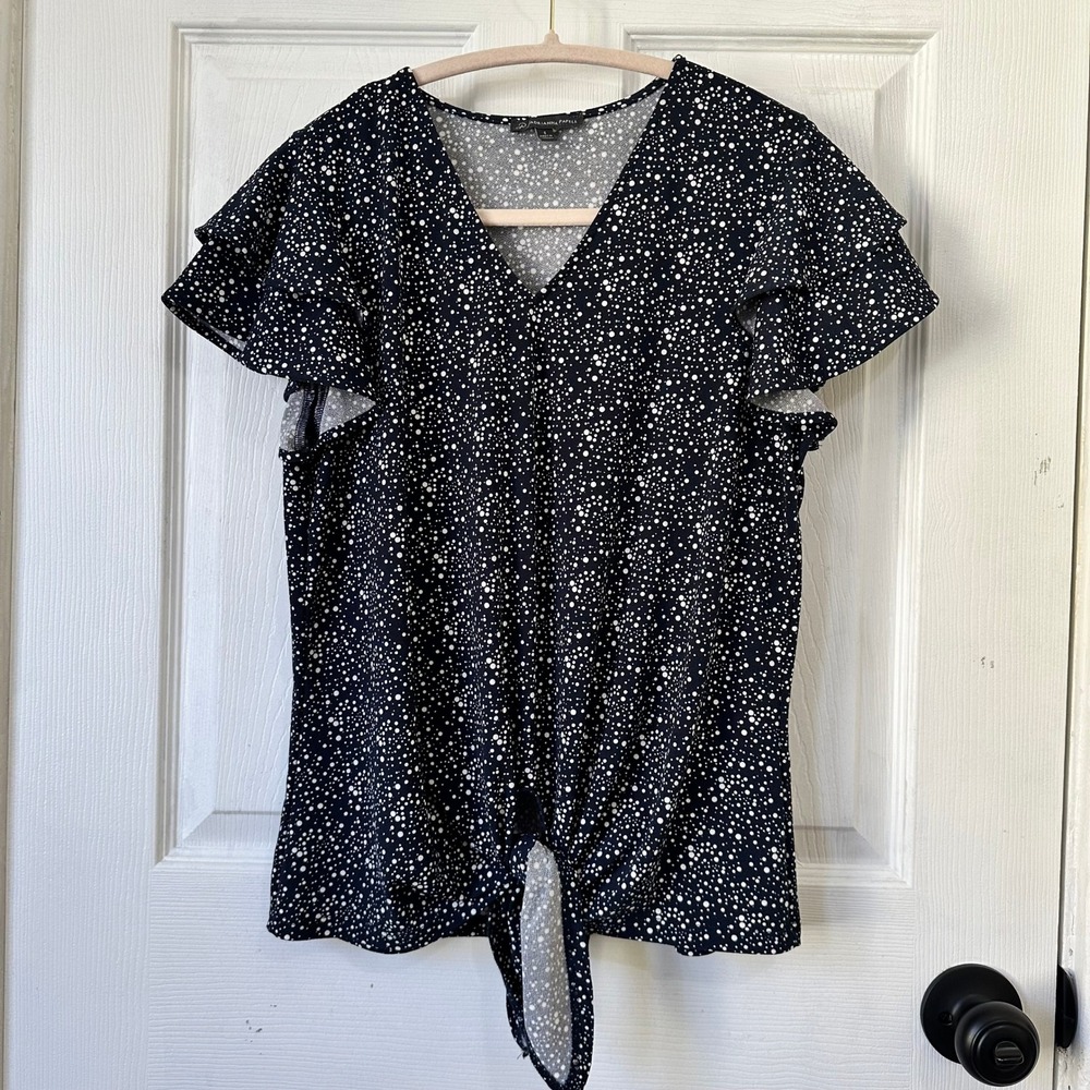 Adrianna Papell Womens Polka Dot Flutter Sleeve Tie Front Top Black White Small